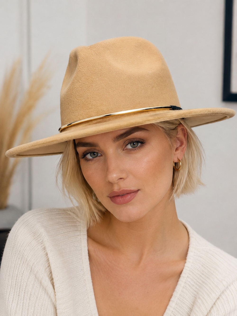 Classic Tan Fedora Hat with Gold Band - Women